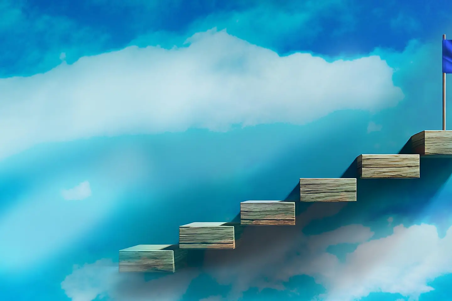 Holzstufen, die zum Erfolg führen, Ziel, Europa-Flagge, Erreichung, Fortschrittskonzept