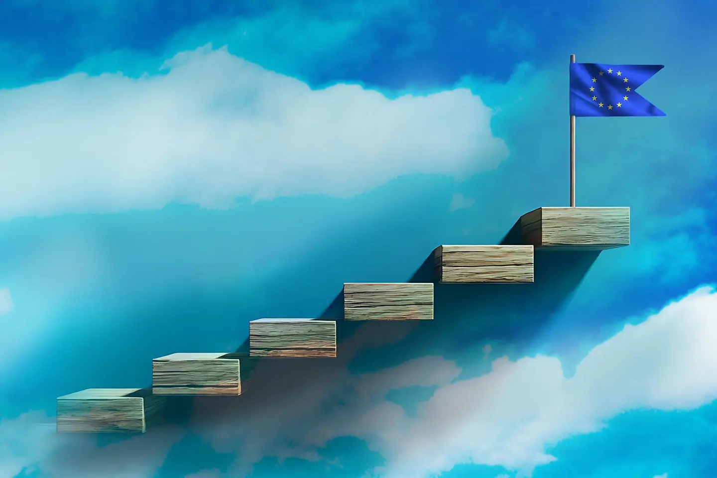 Wooden Steps Leading to Success Goal, European Flag, Achievement Progress Concept 