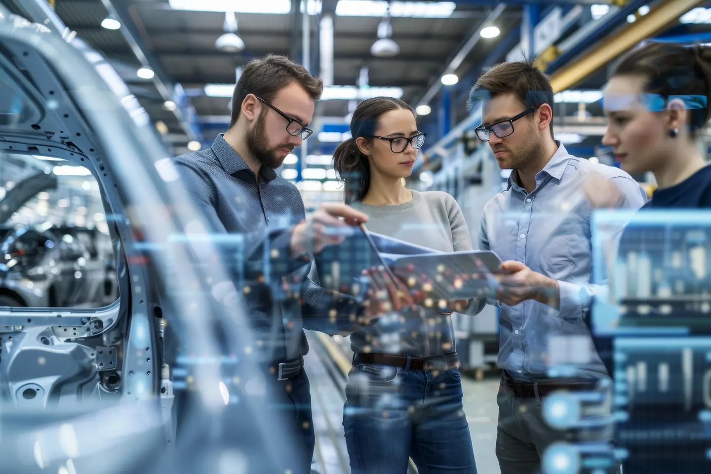 Mitarbeiter der Automobilindustrie, die sich mit Tablets austauschen