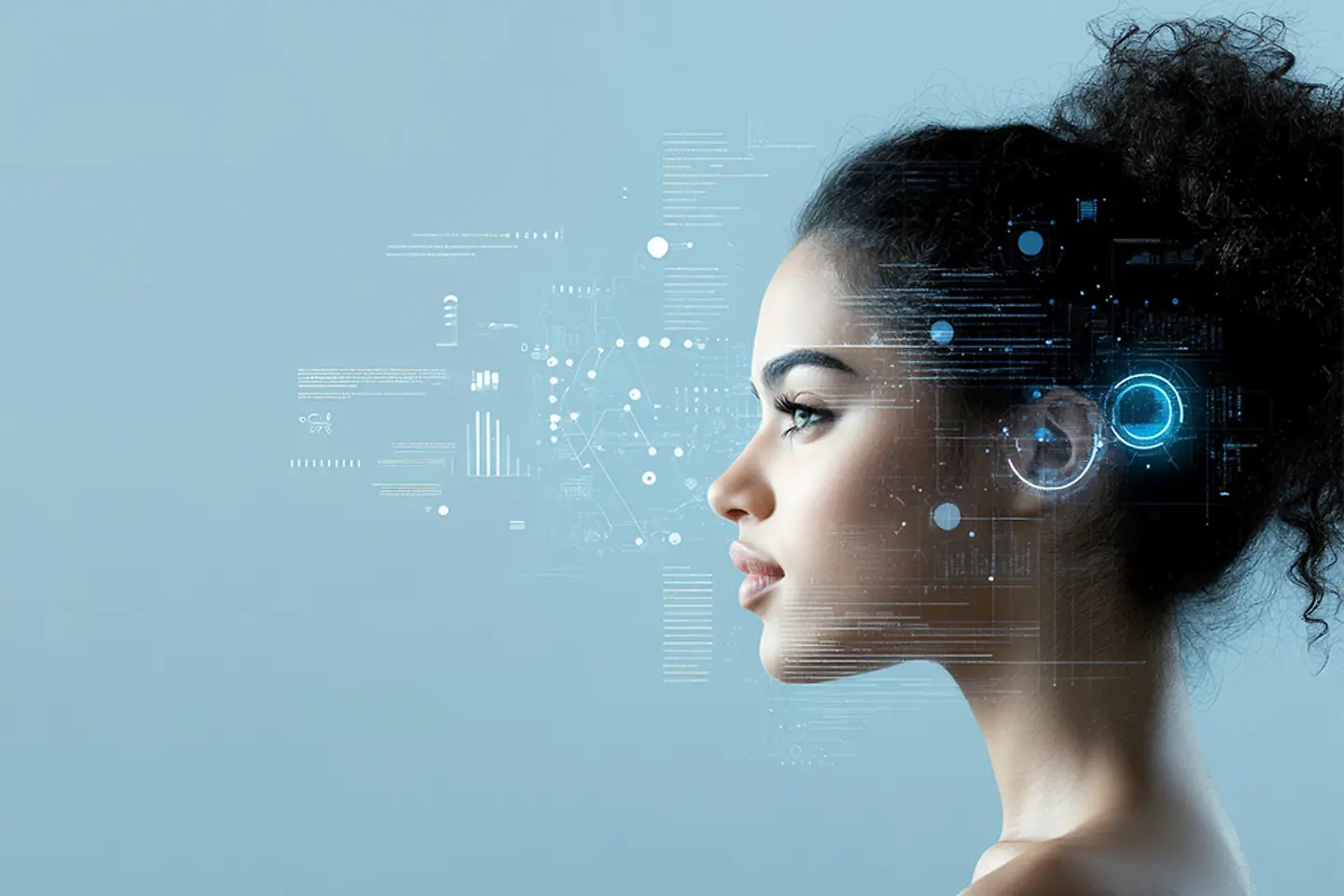 Image générée par lIA - Image générée par IA d’une jeune femme regardant une visualisation de données