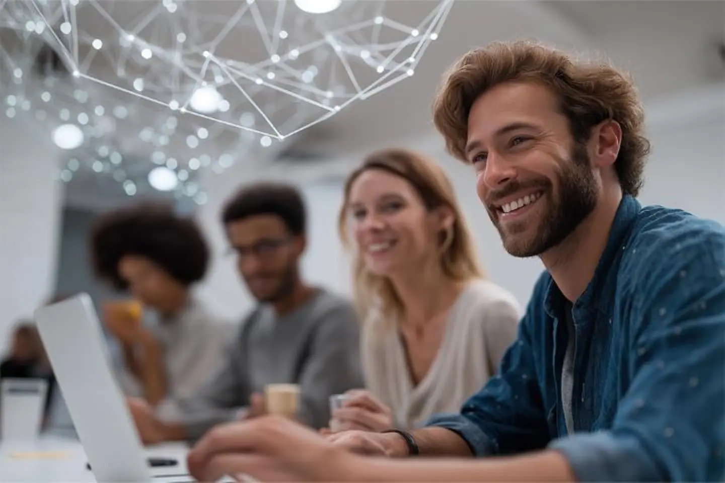 Office workers smiling at a meeting
