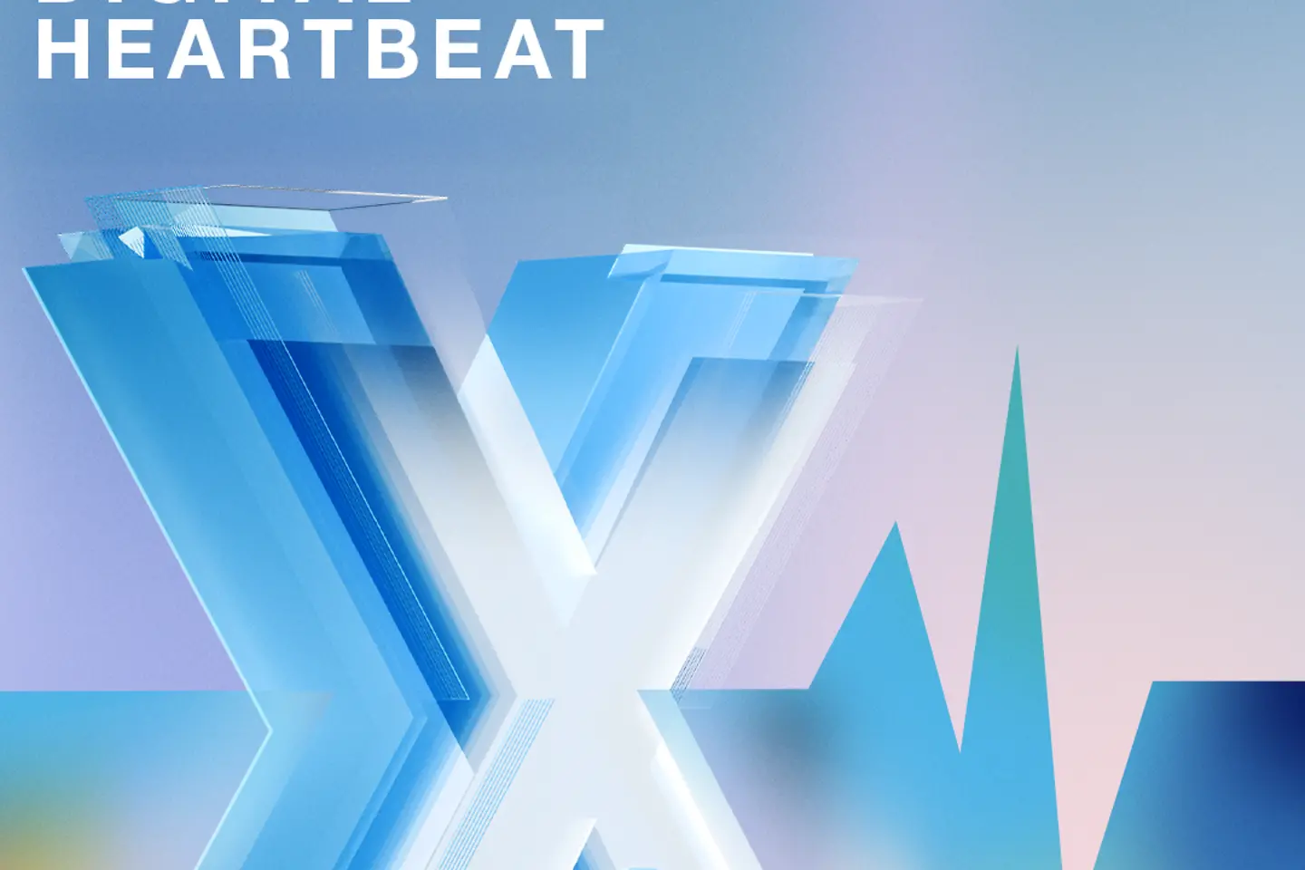 Sujet mit großem X in Blautönen sowie ein Herzlinie, darauf Aufschrift: Digital X Wien, Digital Heartbeat, am Puls deiner Region