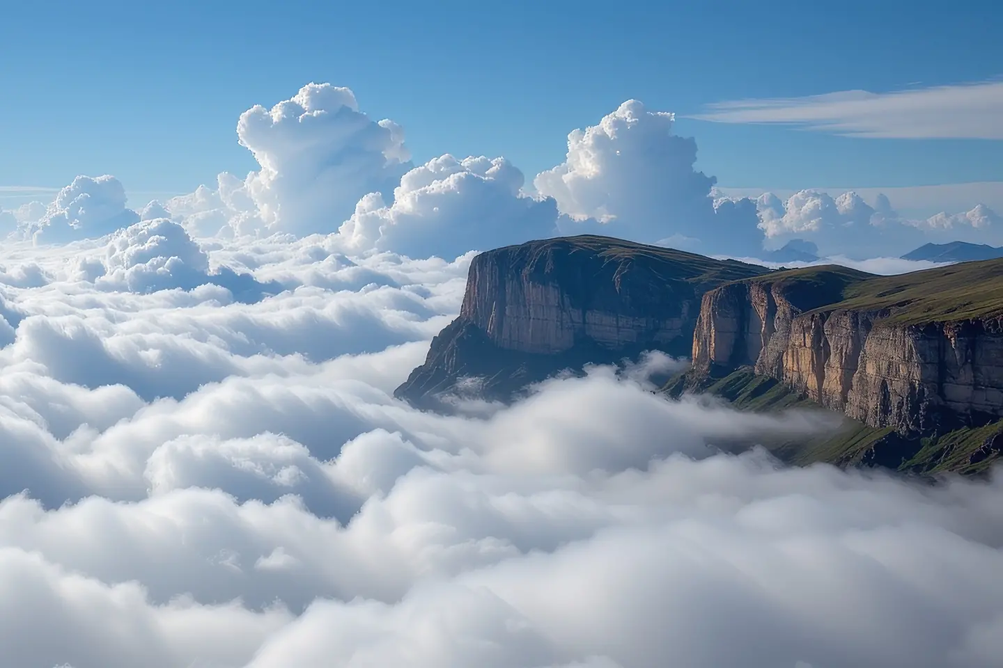 Cliffs of silver rise above a sea of clouds