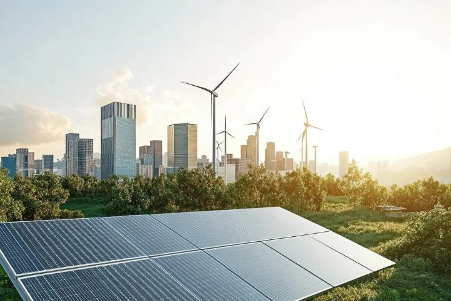 high-rise buildings with photovoltaic panels and wind turbines 