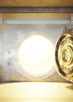 Geöffnete Tresortür, aus der goldenes Licht hervorstrahlt.
