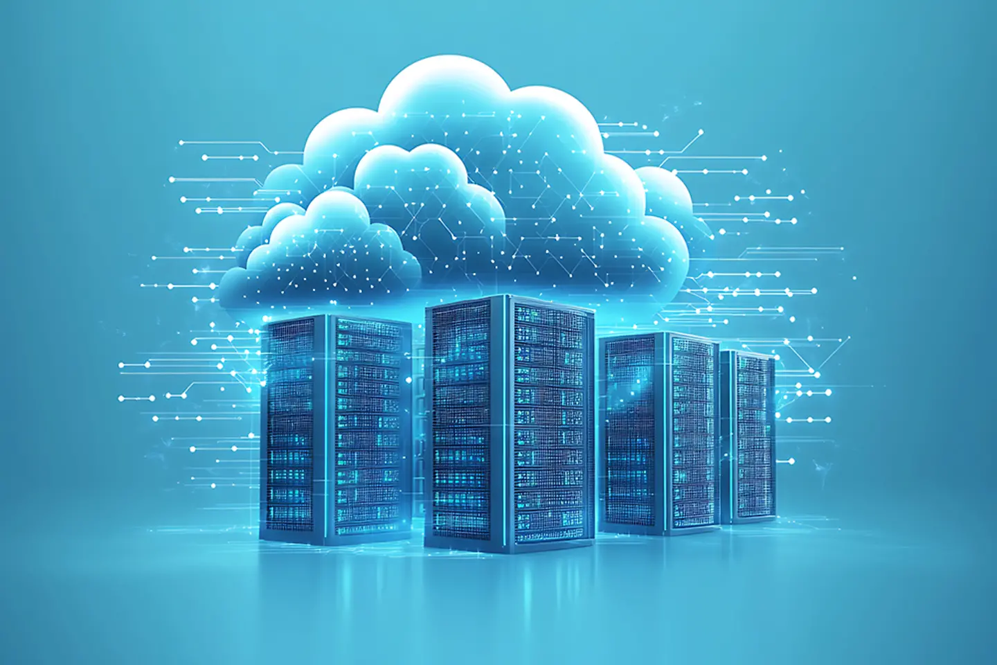 KI-generiertes Bild - Digitales Bild: Cloud und Rechenzentrum auf blauem Hintergrund, KI-generiert