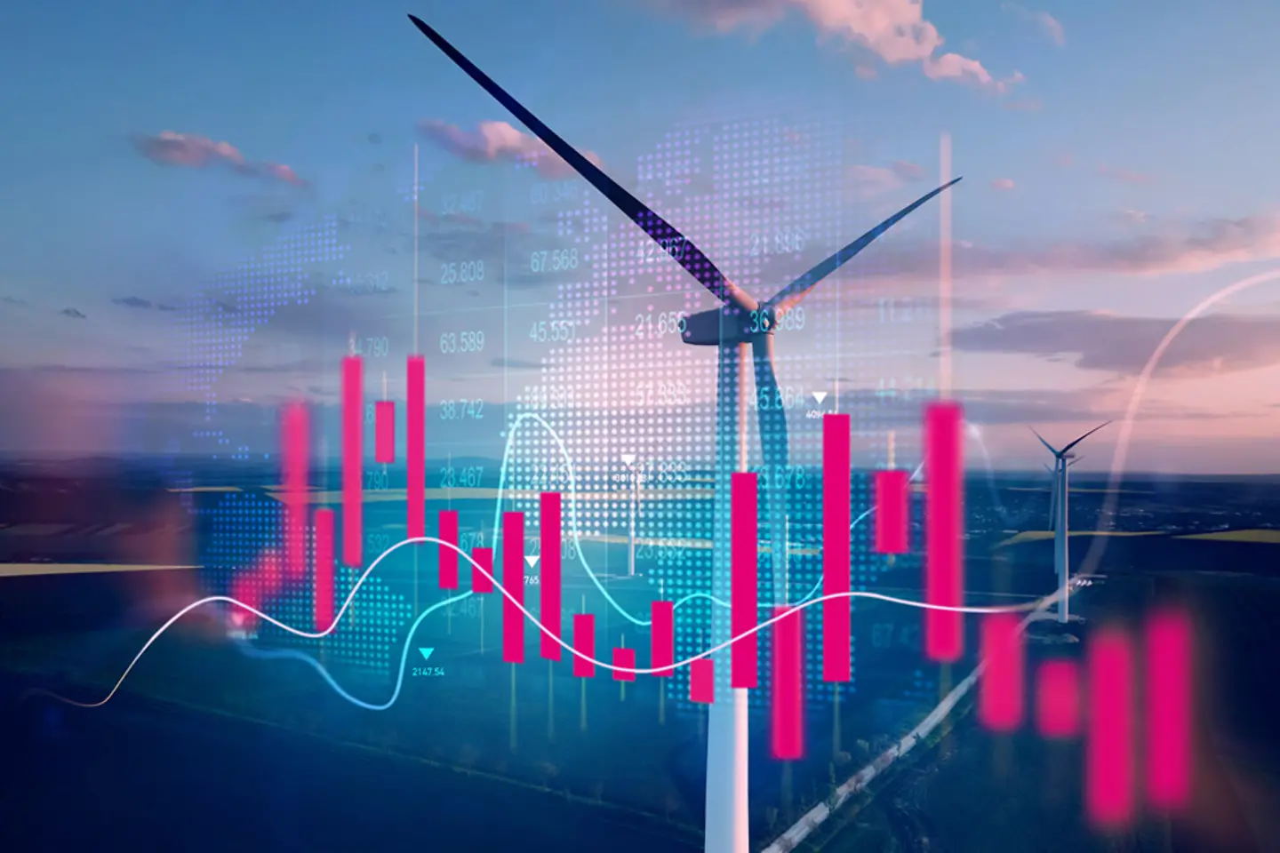 Price graphs with wind turbines in the background