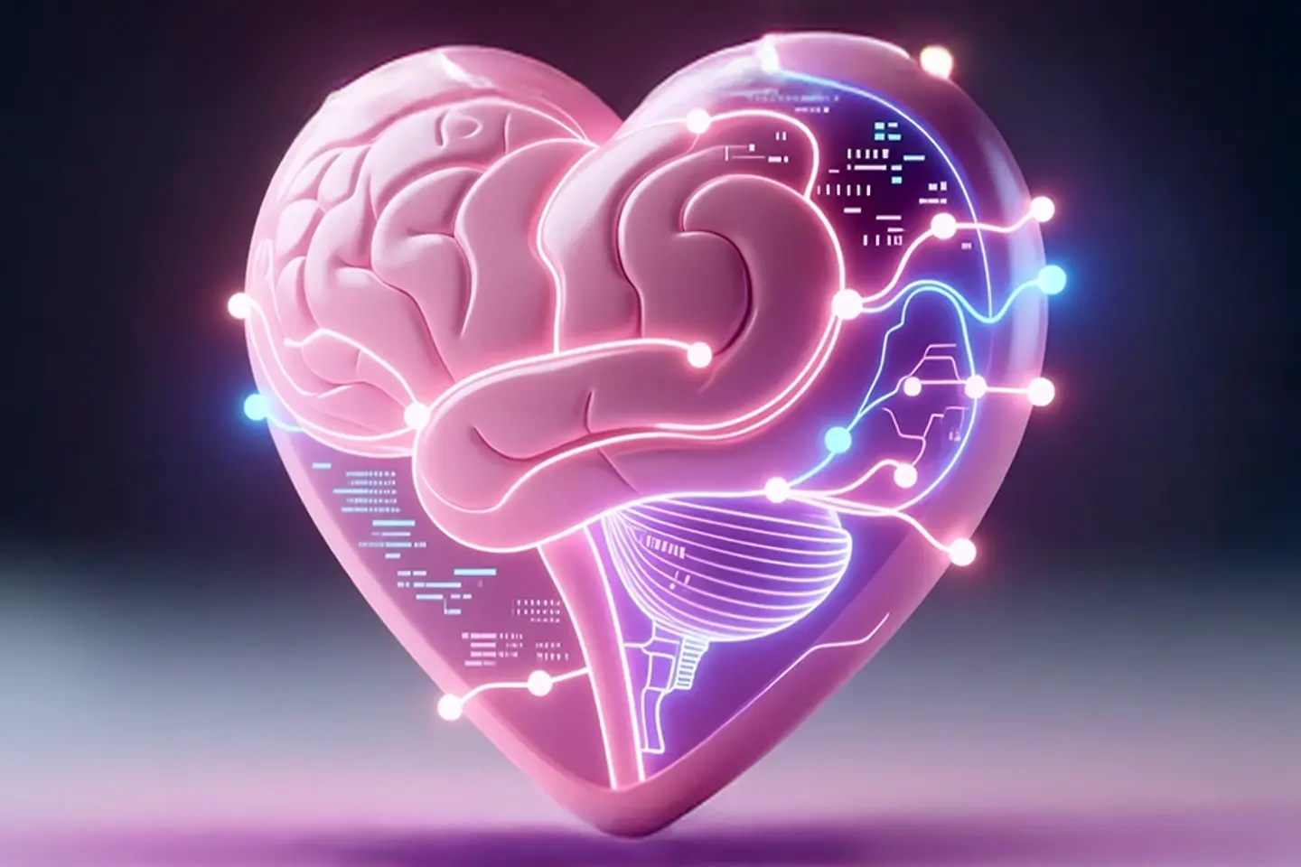 Abstract visualization of artificial intelligence and emotional processing depicted glowing neural brain within a digital heart