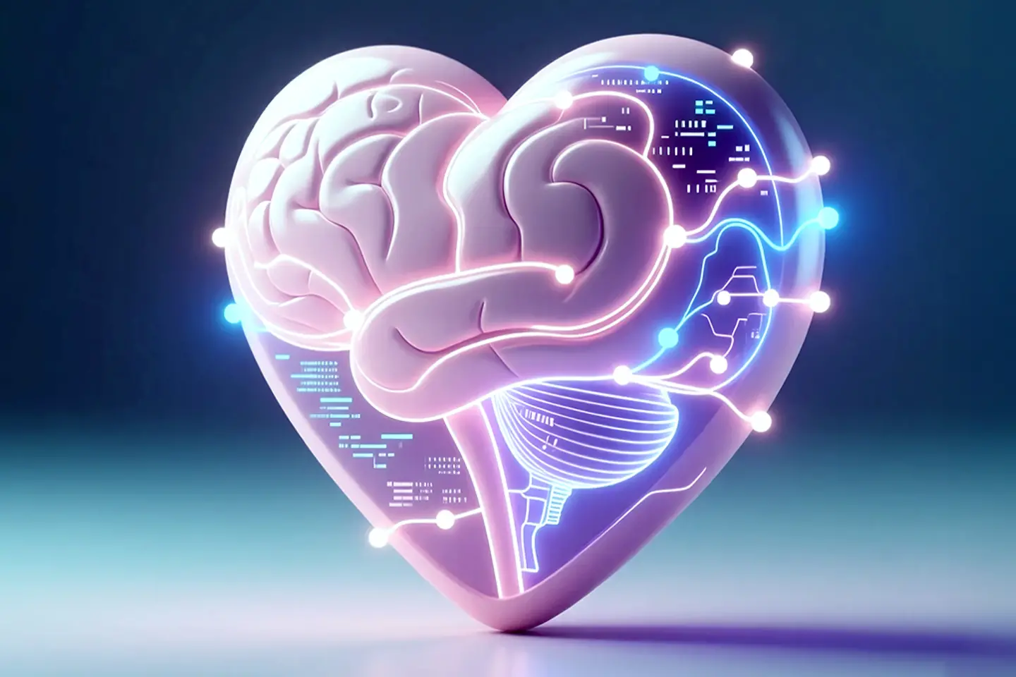 Un cerebro neuronal brillante en un corazón digital como visualización abstracta de la IA y el procesamiento emocional 
