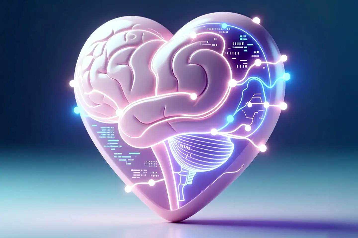 Abstract visualization of artificial intelligence and emotional processing depicted glowing neural brain within a digital heart