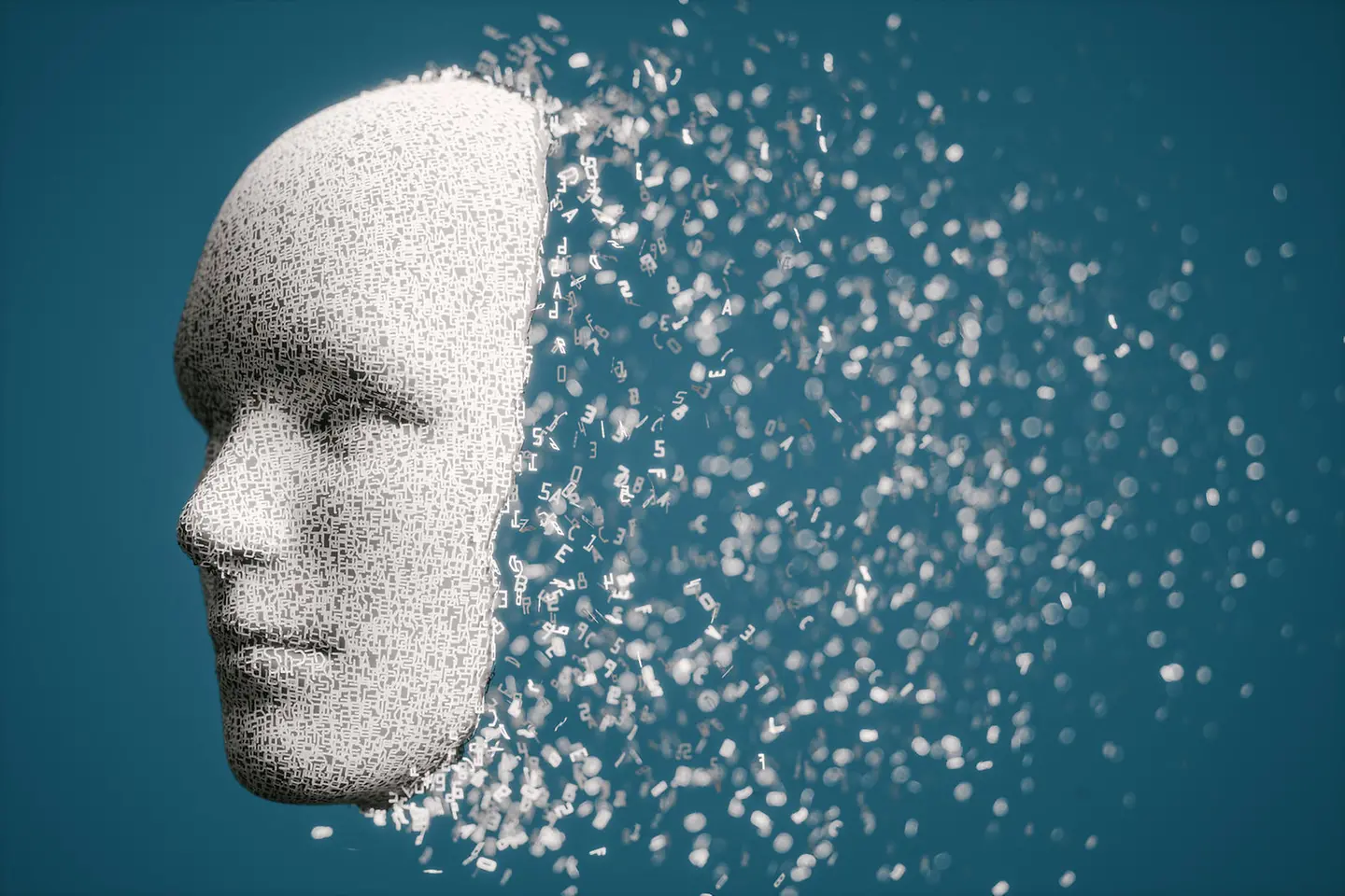 Cara humana 3D con briefers hexadecimales en descomposición