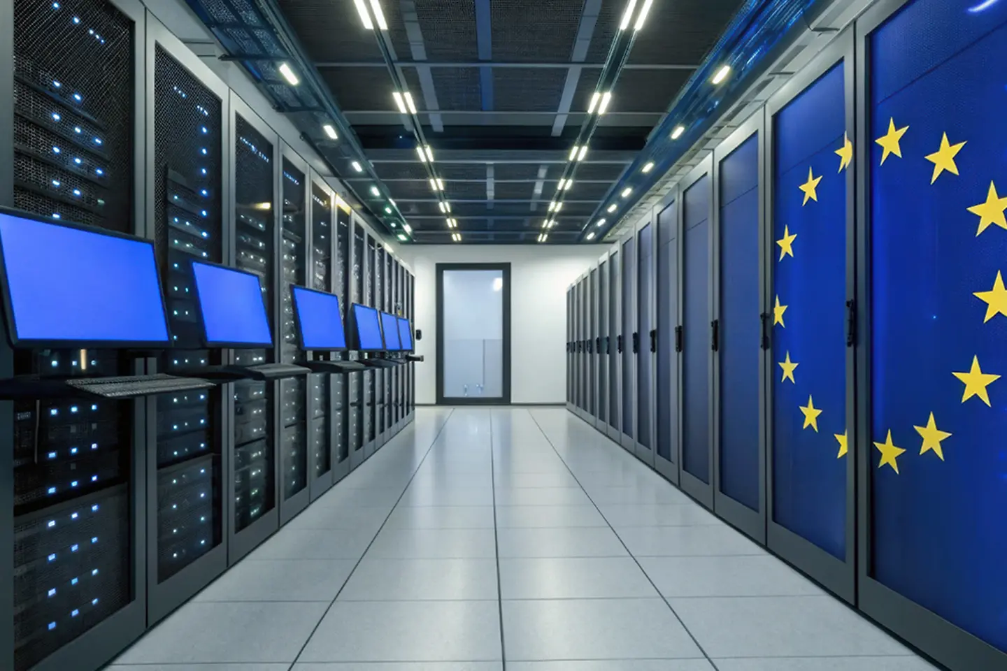 AI-generated image - Modern data center with EU flag (AI generated image)