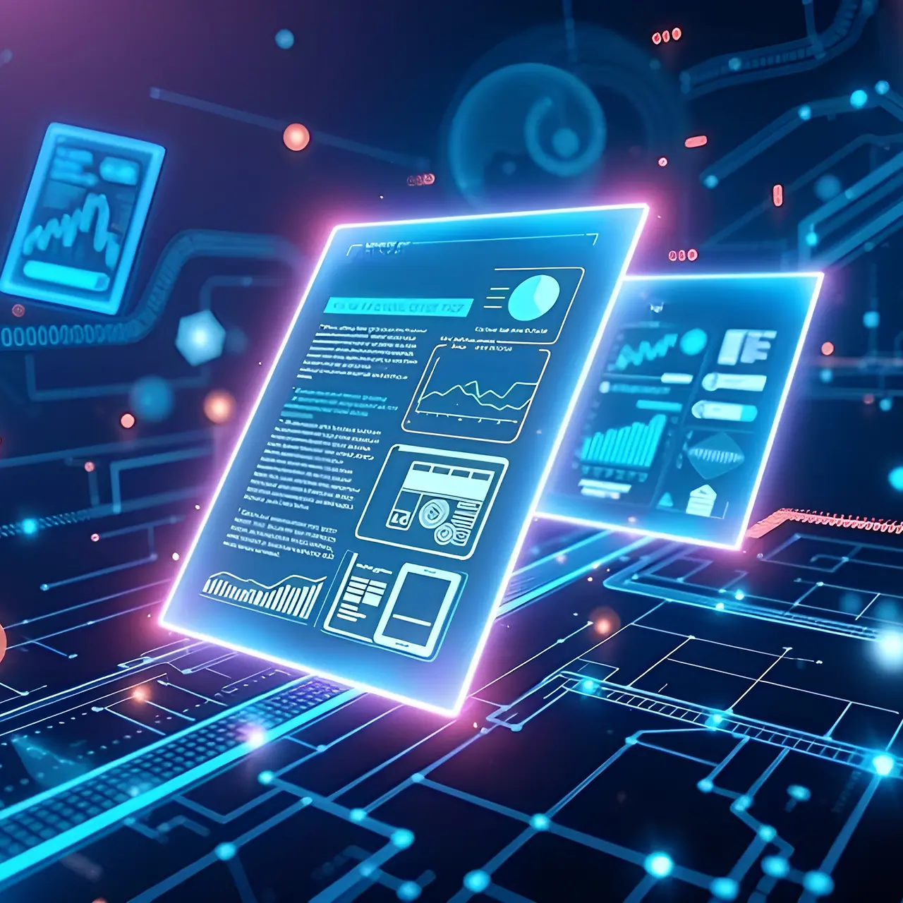 KI-generiertes Bild - Futuristische Darstellung schwebender digitaler Dashboards mit Diagrammen und Daten in leuchtenden Blau- und Neontönen.