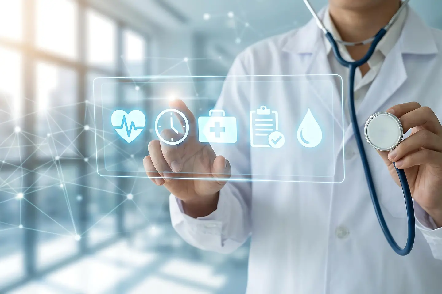 Un professionnel de la santé utilise une technologie digitale avancée et interagit avec une interface holographique