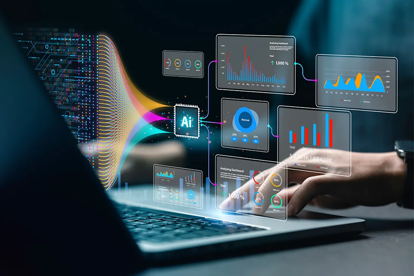 Datenanalyst wertet auf einem Computer-Dashboard komplexe Datensätze aus.