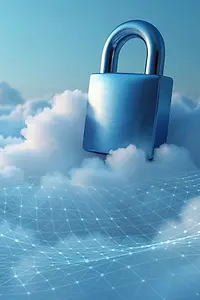 KI-generiertes Bild - Silbernes Vorhängeschloss sitzt auf Wolken, KI-generiertes Bild