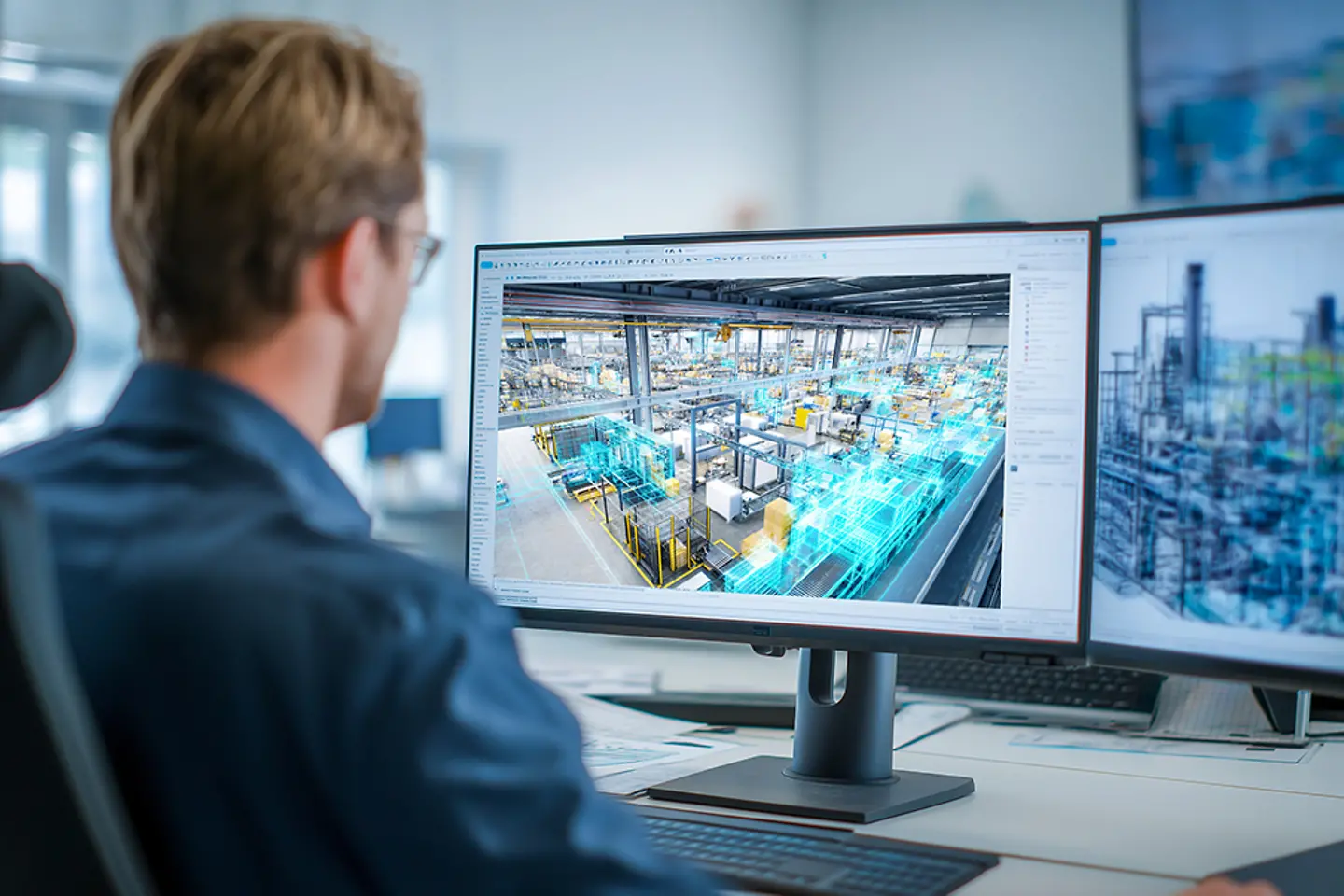 O engenheiro monitora a produção em uma tela