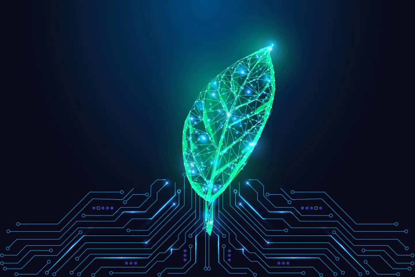 Digital generiertes grünes Blatt, verbunden mit leuchtenden Schaltkreisen