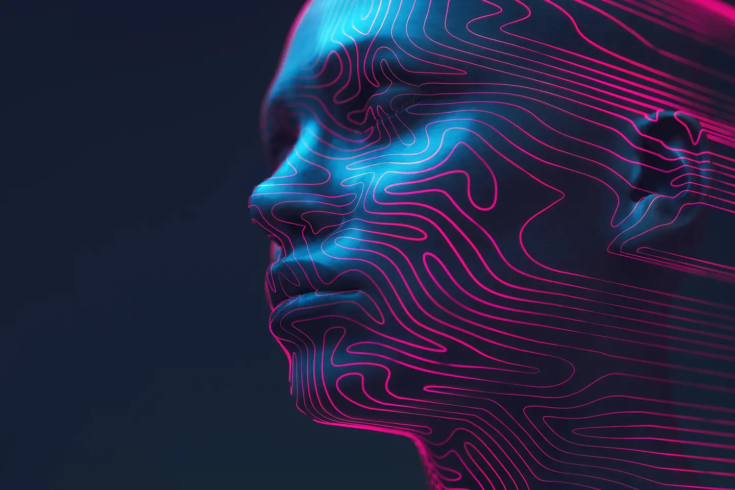 Digitales Bild, bluer Kopf einer Frau mit magenta Streifen