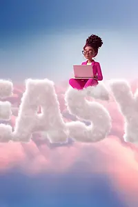 AI-generated image - Woman in magenta suit with laptop sitting on clouds, lettering "Easy," AI-generated image