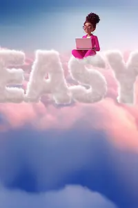 AI-generated image - Woman in magenta suit with laptop sitting on cloud forming "Easy", AI-generated image