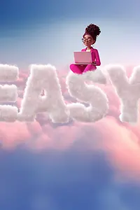 AI-generated image - Woman in magenta suit with laptop sitting on cloud forming "Easy", AI-generated image