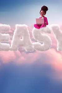 AI-generated image - Woman in magenta suit with laptop sitting on cloud forming "Easy", AI-generated image