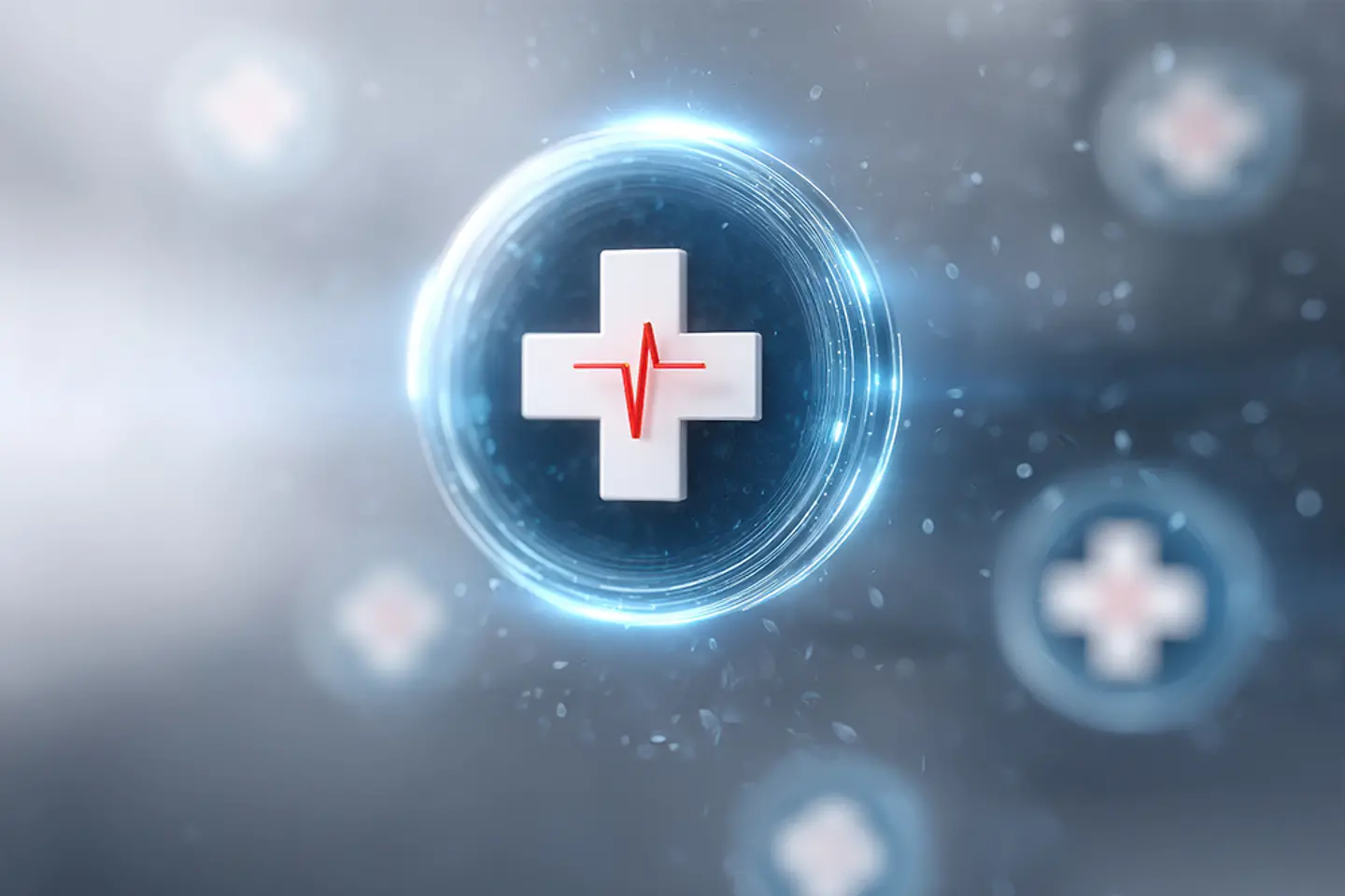 KI-generiertes Bild - Bild eines weißen Kreuzes in einem blauen Kreis mit einer roten Herzkurve auf dem EKG