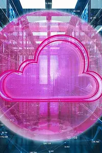 Nube magenta sobre fondo digital azul.