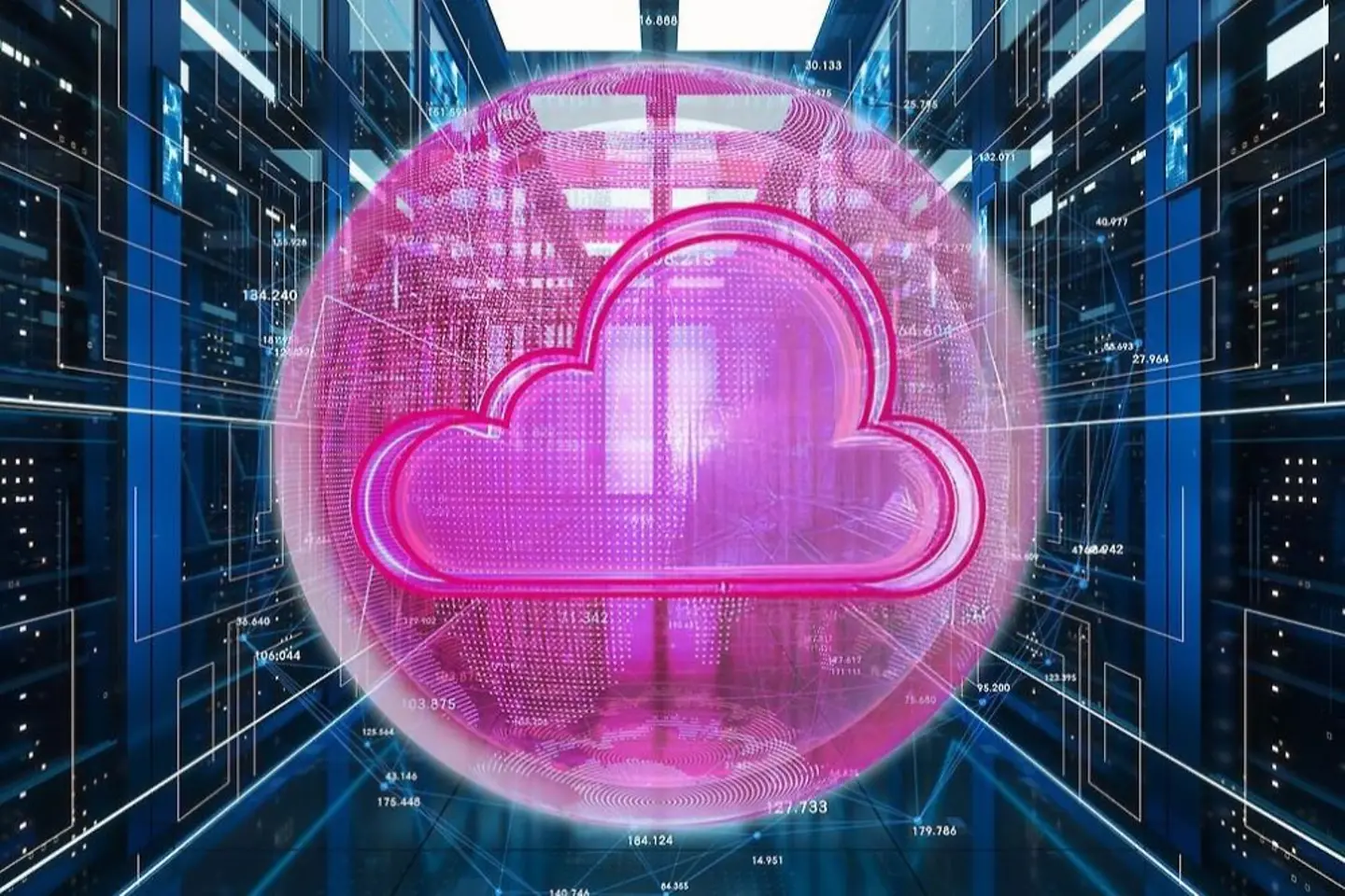 Nube magenta sobre fondo digital azul.