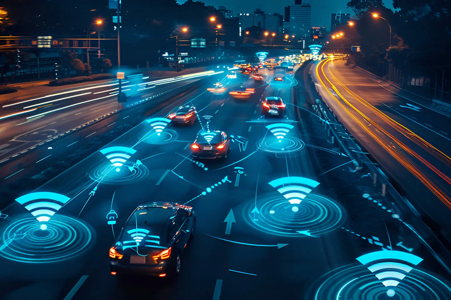 KI-generiertes Bild - Straße bei Nacht mit SDVs (KI-generiertes Bild)