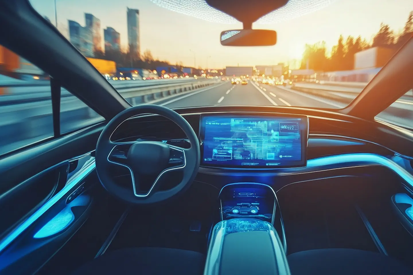 KI-generiertes Bild - Innenraum eines autonomen Fahrzeugs ohne Fahrer (KI-generiertes Bild)