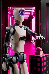 Roboter drückt magenta Button for magenta Hintergrund