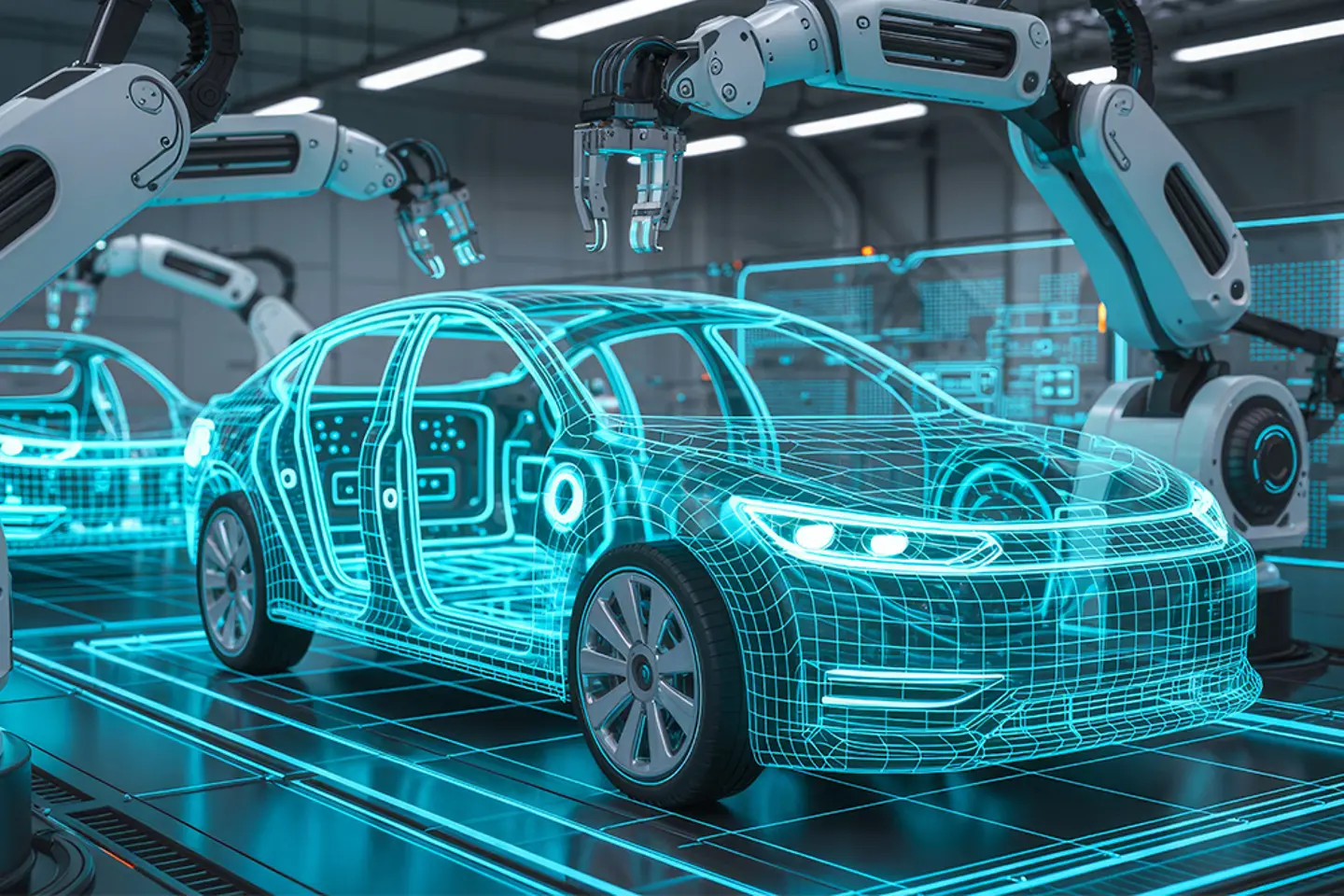 AI-generated image - A futuristic scene featuring robotic arms assembling a digital car model in a high-tech environment.