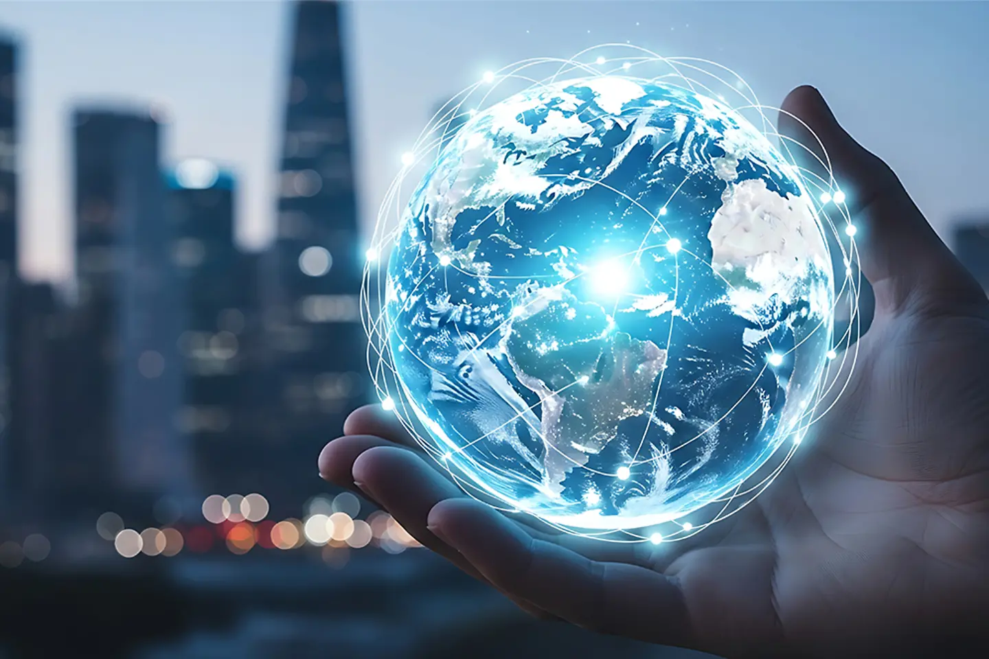 KI-generiertes Bild - Transparenter, virtueller Globus in einer Hand (KI-generiertes Bild)