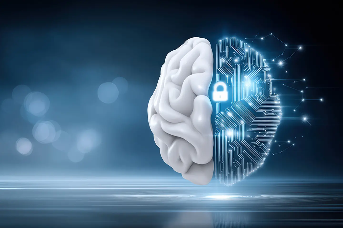 AI brain and human mind fusion illustrating data security and neural network protection in futuristic digital concept