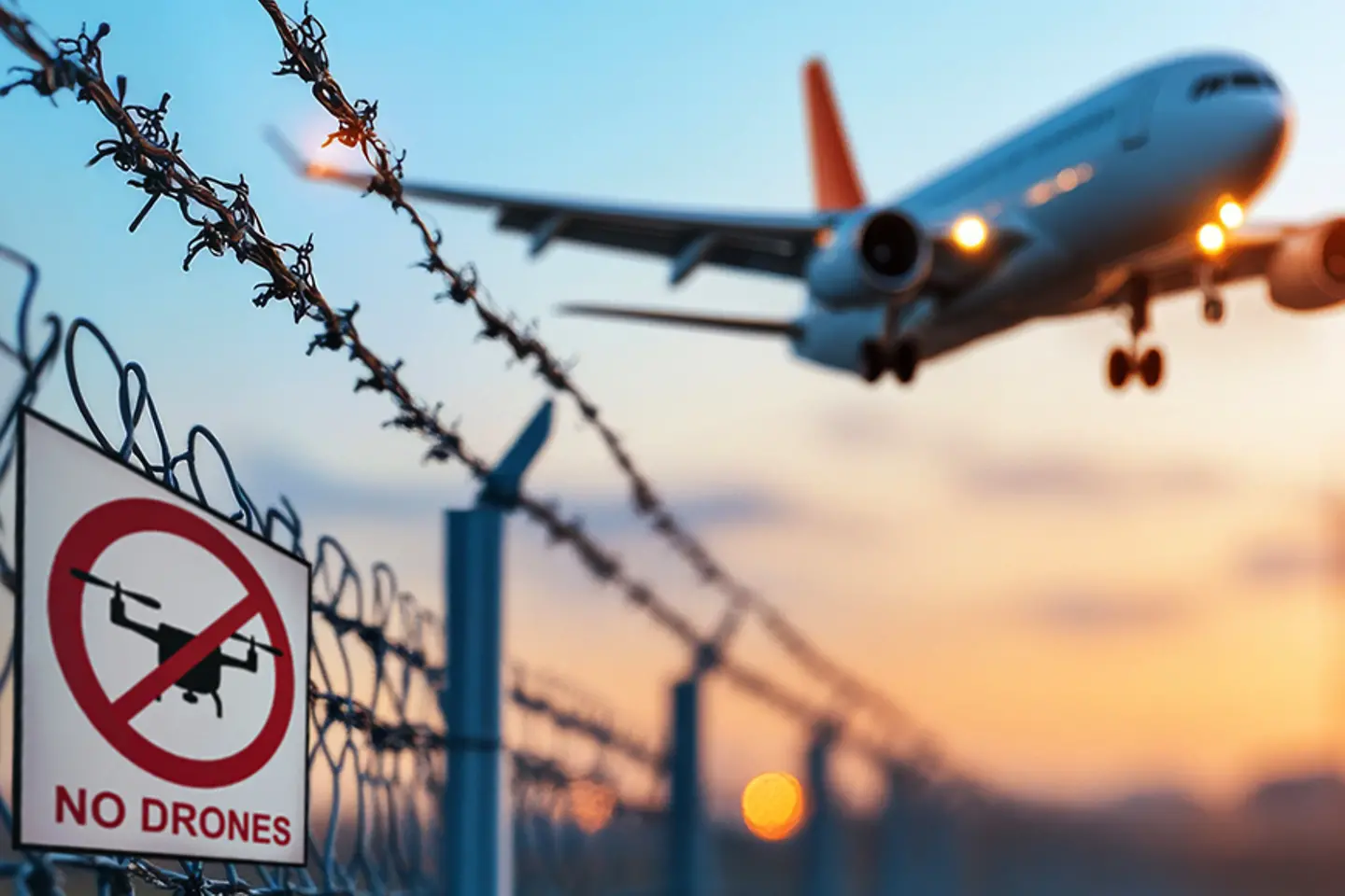 Imagen generada por IA - Señal de prohibición de drones cerca del aeropuerto que indica una zona de exclusión aérea