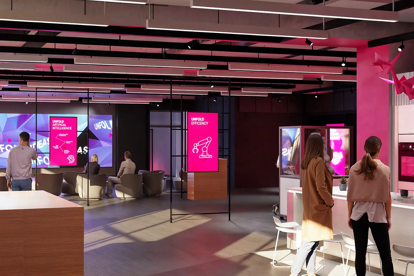 Innovation Center München met schermen, tafels en stoelen