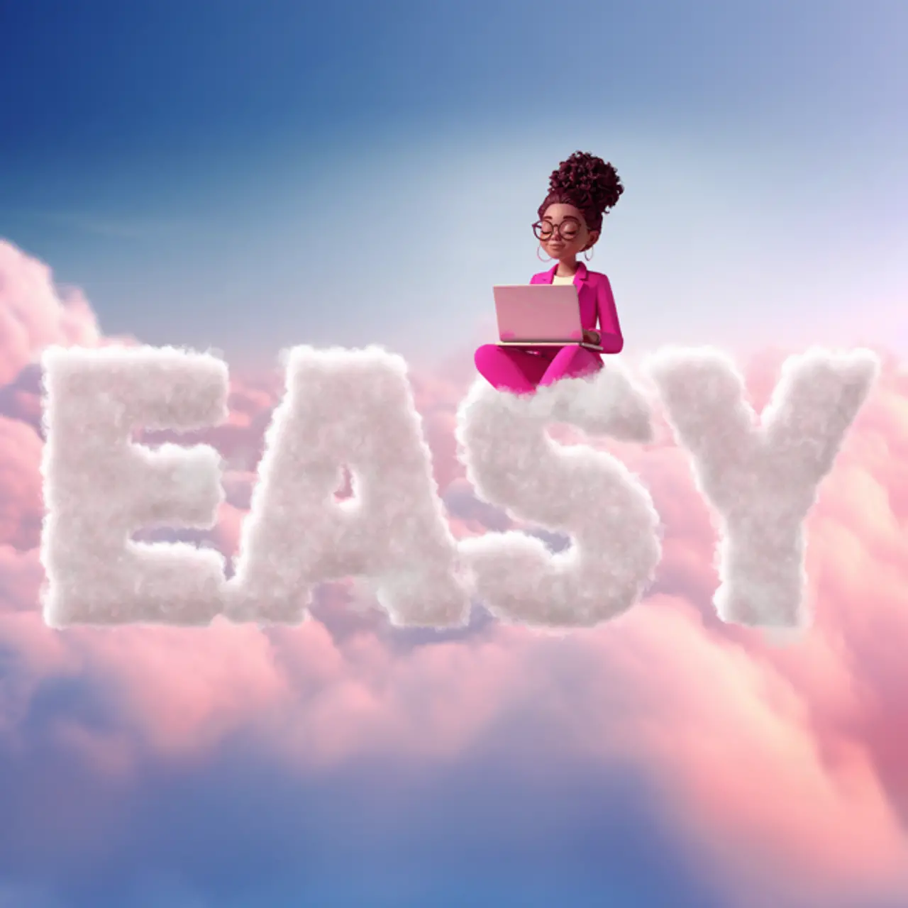 Image générée par lIA - Femme en costume magenta avec ordinateur portable assise sur des nuages, inscription « Easy », image générée par l’IA