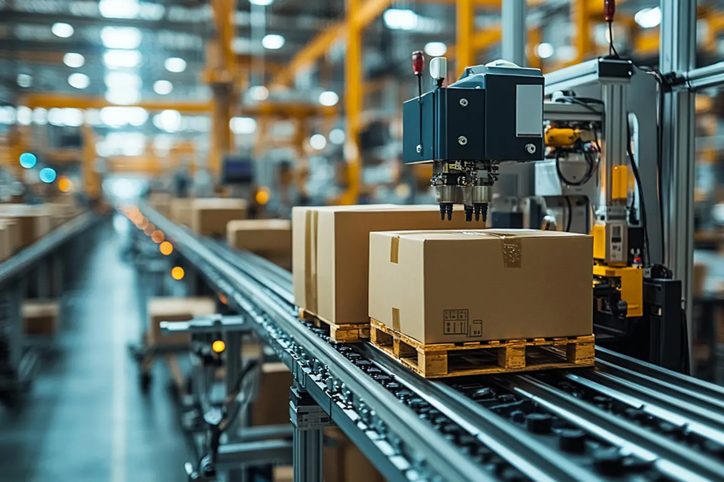 KI-generiertes Bild - Förderband mit Paketen in einer Lagerhalle, Bild KI-generiert