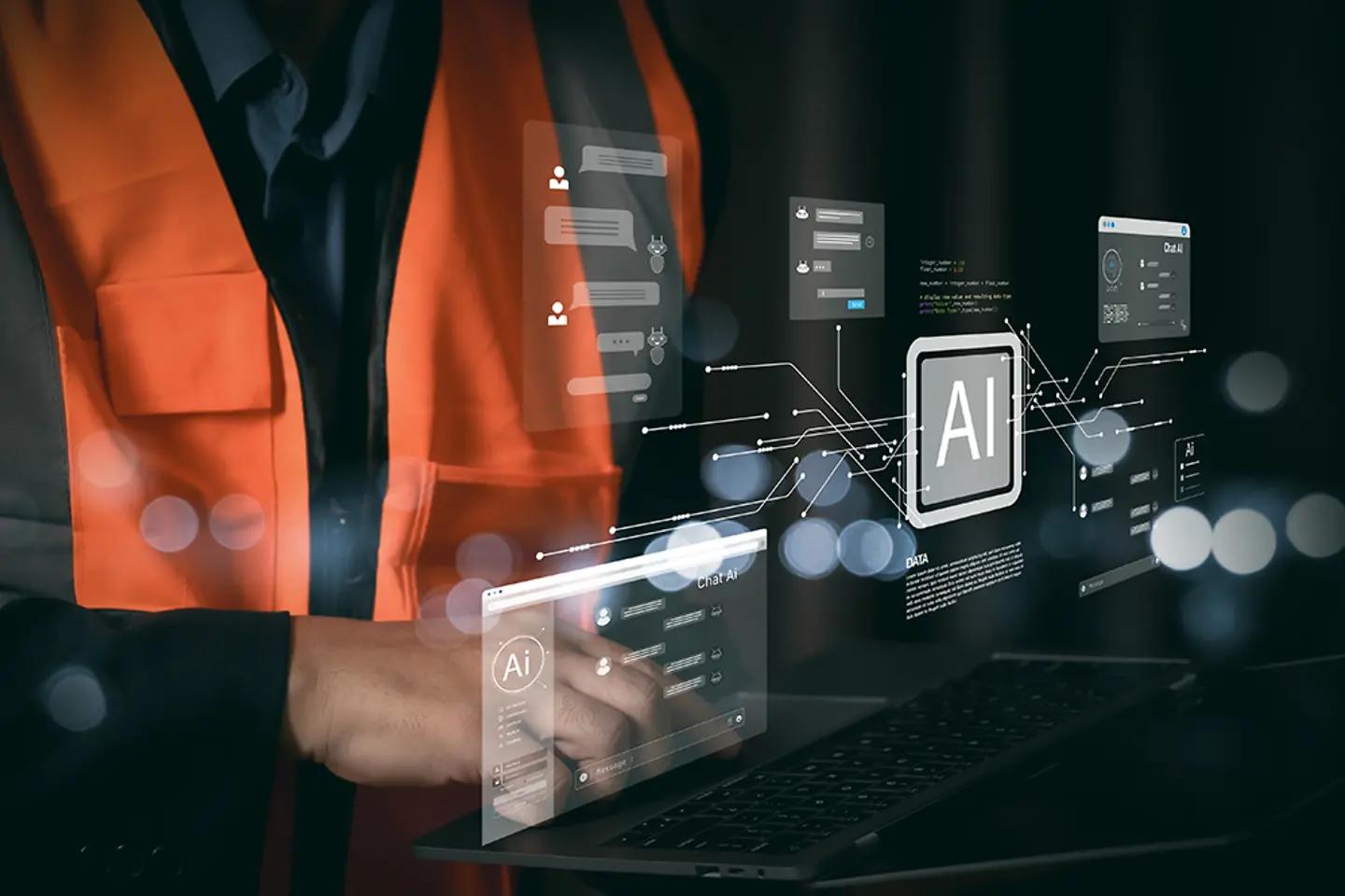 Engenheiro industrial com laptop e interface de holograma de IA futurista. 