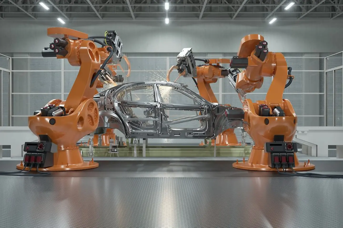 Fahrzeugproduktion mit Roboterarmen und Fahrzeugrahmen