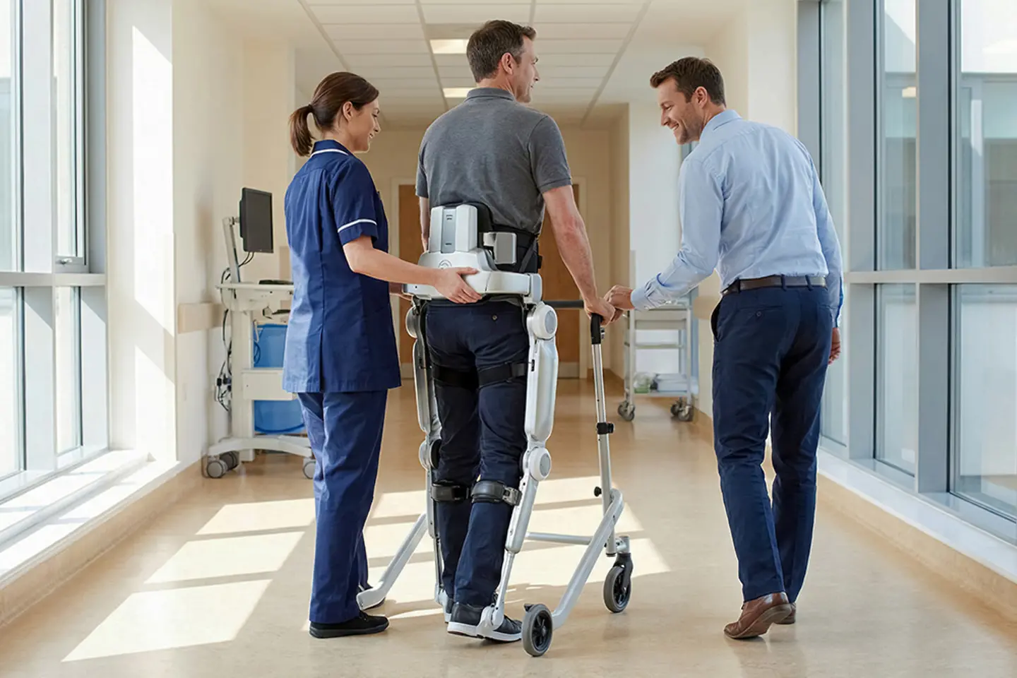 A patient with a nurse, walking with robot-assistance