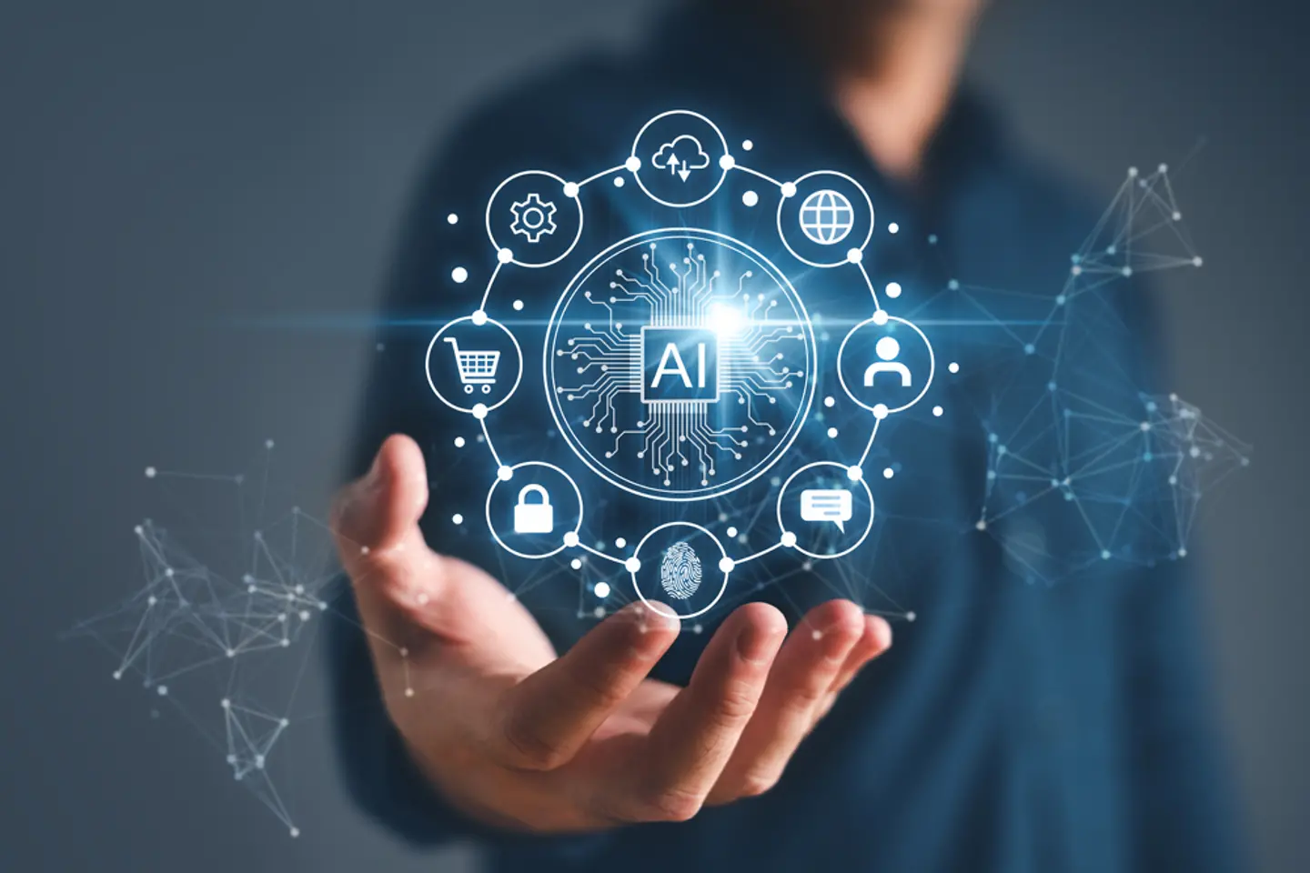 Artificial intelligence and Automated machine learning language blue digital user interface with businessman hand background