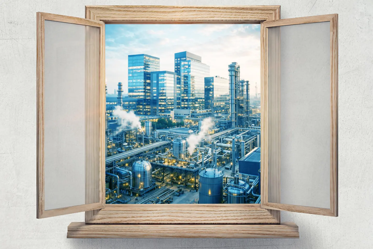 Ventana abierta con marco de madera y vistas a un paisaje industrial