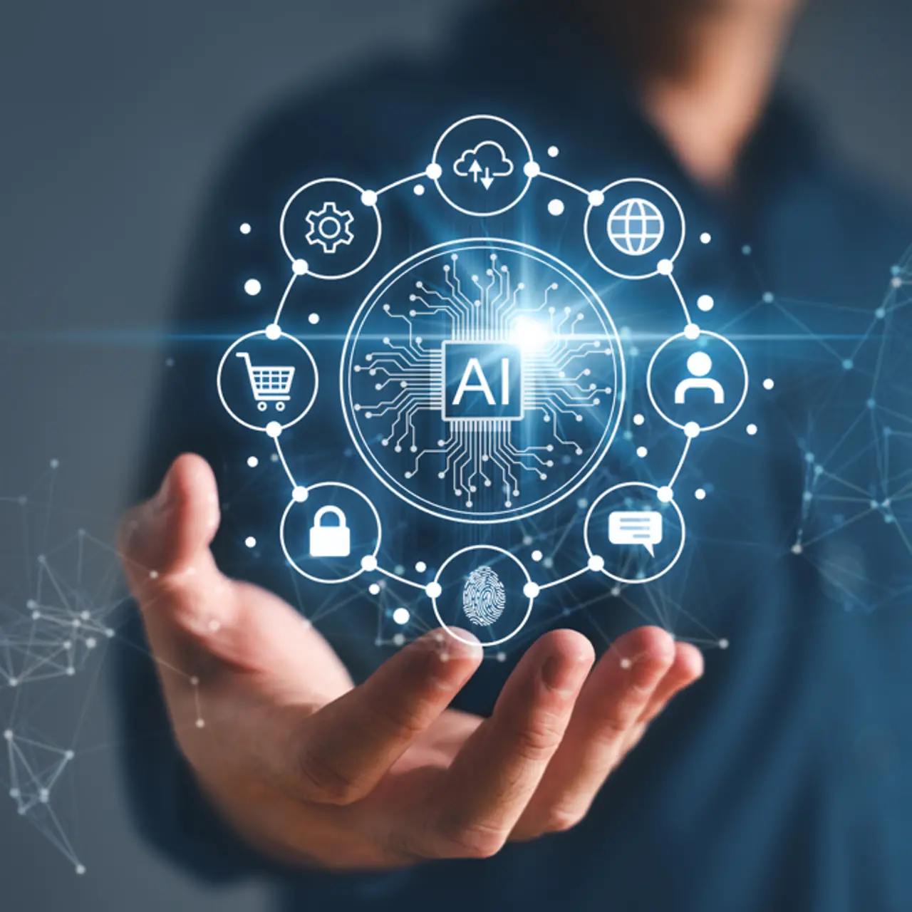 Künstliche Intelligenz und automatisiertes Machine Learning – blaues Interface mit Geschäftsmann im Hintergrund