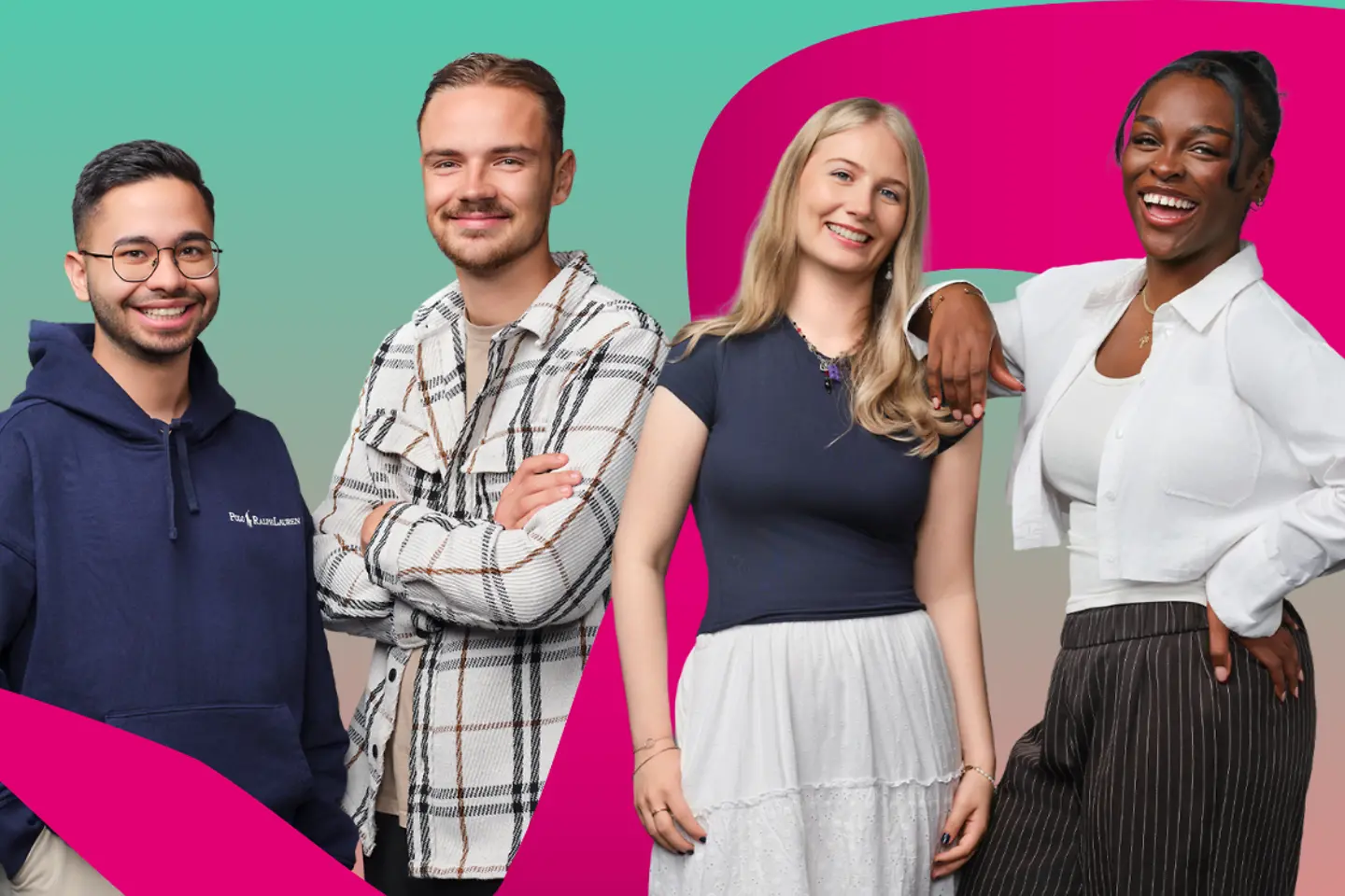 Four young students stand in a row next to each other