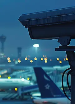 KI-generiertes Bild - Überwachungskamera, die das Luftfrachtterminal mit einem Flugzeug in der Ferne zeigt