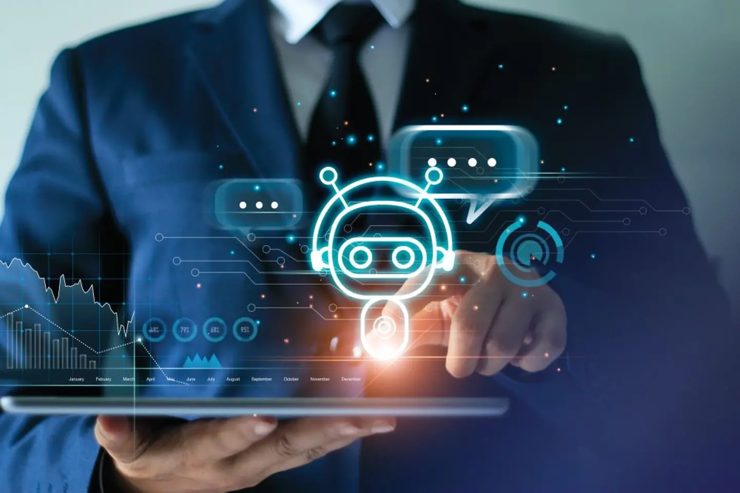 Geschäftsmann berührt einen digitalen Chatbot auf dem Tablet, um Zugang zu Informationen und Daten mittels KI zu ermöglichen.