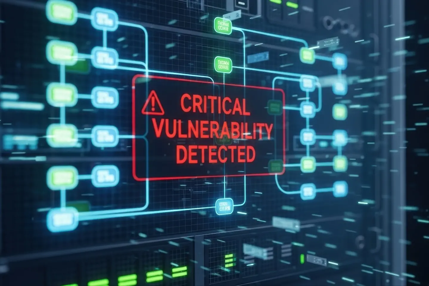 Imagen generada por IA - Vulnerabilidad crítica detectada en el monitor del rack del servidor que muestra una amenaza de ciberseguridad en la red.